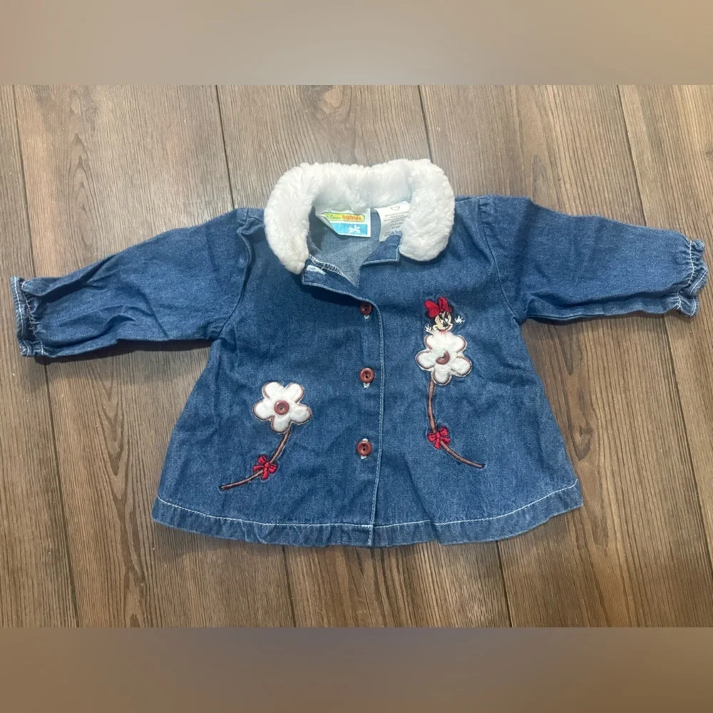 Vintage Y2K Disney Babies Minnie Mouse Denim Sherpa Floral Appliqué 6-9M Coat